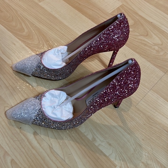 JIMMY CHOO ROMY 100  Platinum and Flamingo Ice Glitter Dégradé Fabric Pointy Toe - Picture 3 of 7